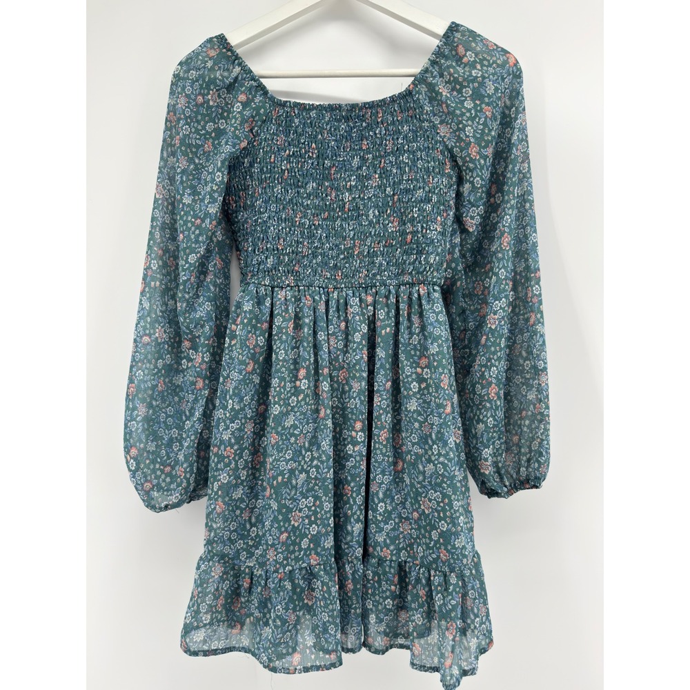 Art Class Girls Floral Smocked Long Sleeve Ruffle Dress Green Blue Large 10/12